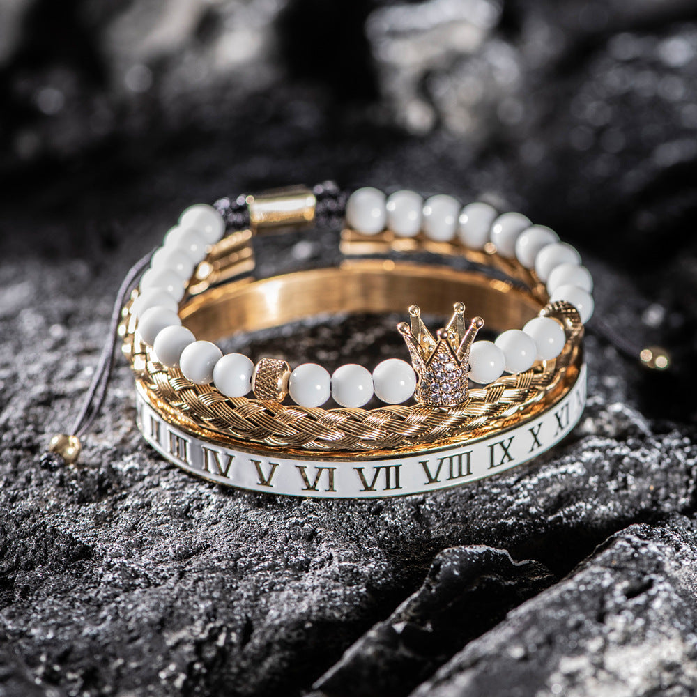 Luxury Mens Stainless Steel Crown Bracelet Set in White/Gold