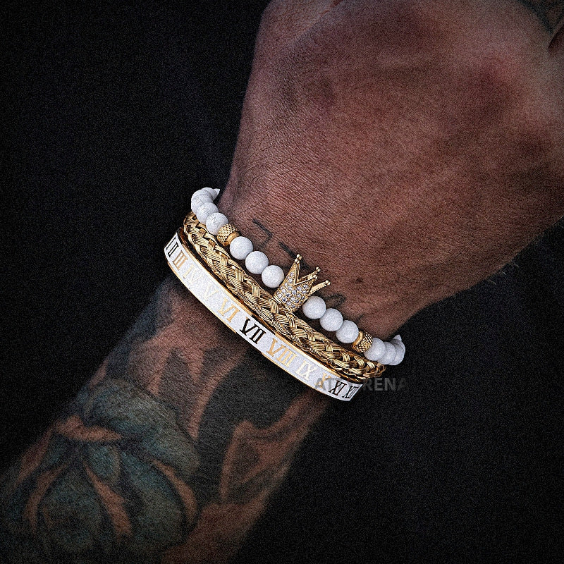 Luxury Mens Stainless Steel Crown Bracelet Set in White/Gold