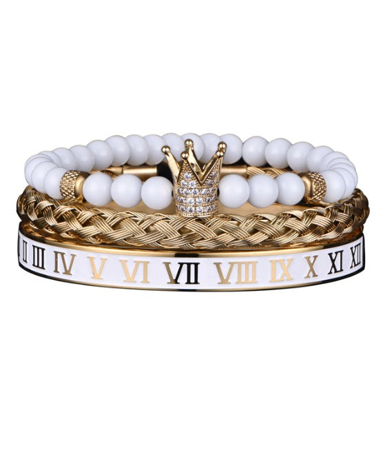 Luxury Mens Stainless Steel Crown Bracelet Set in White/Gold