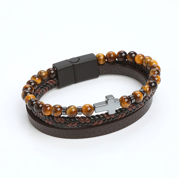 Beaded Cross Leather Bracelet