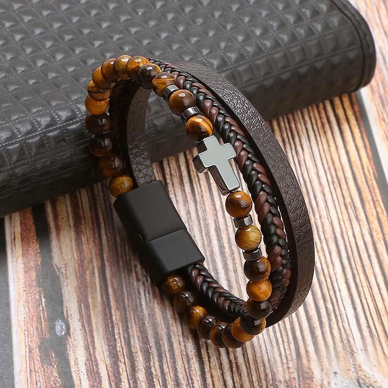 Beaded Cross Leather Bracelet