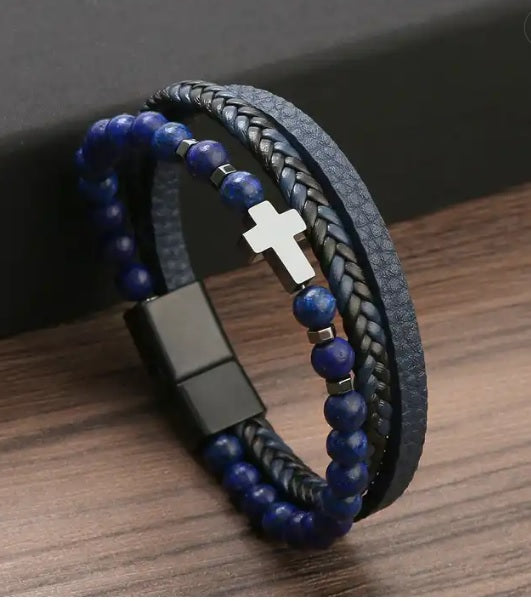 Beaded Cross Leather Bracelet