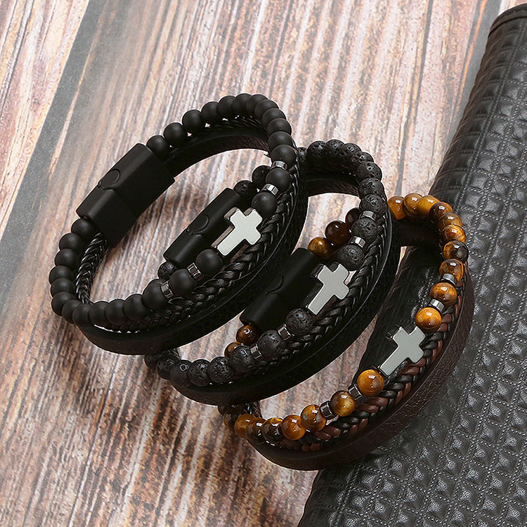 Beaded Cross Leather Bracelet