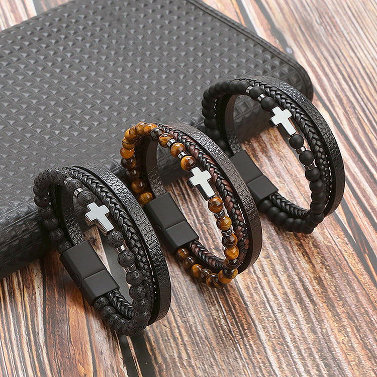 Beaded Cross Leather Bracelet