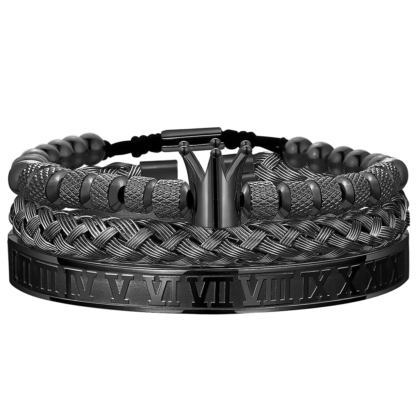 Luxury Mens Stainless Steel Crown Bracelet Set in Black