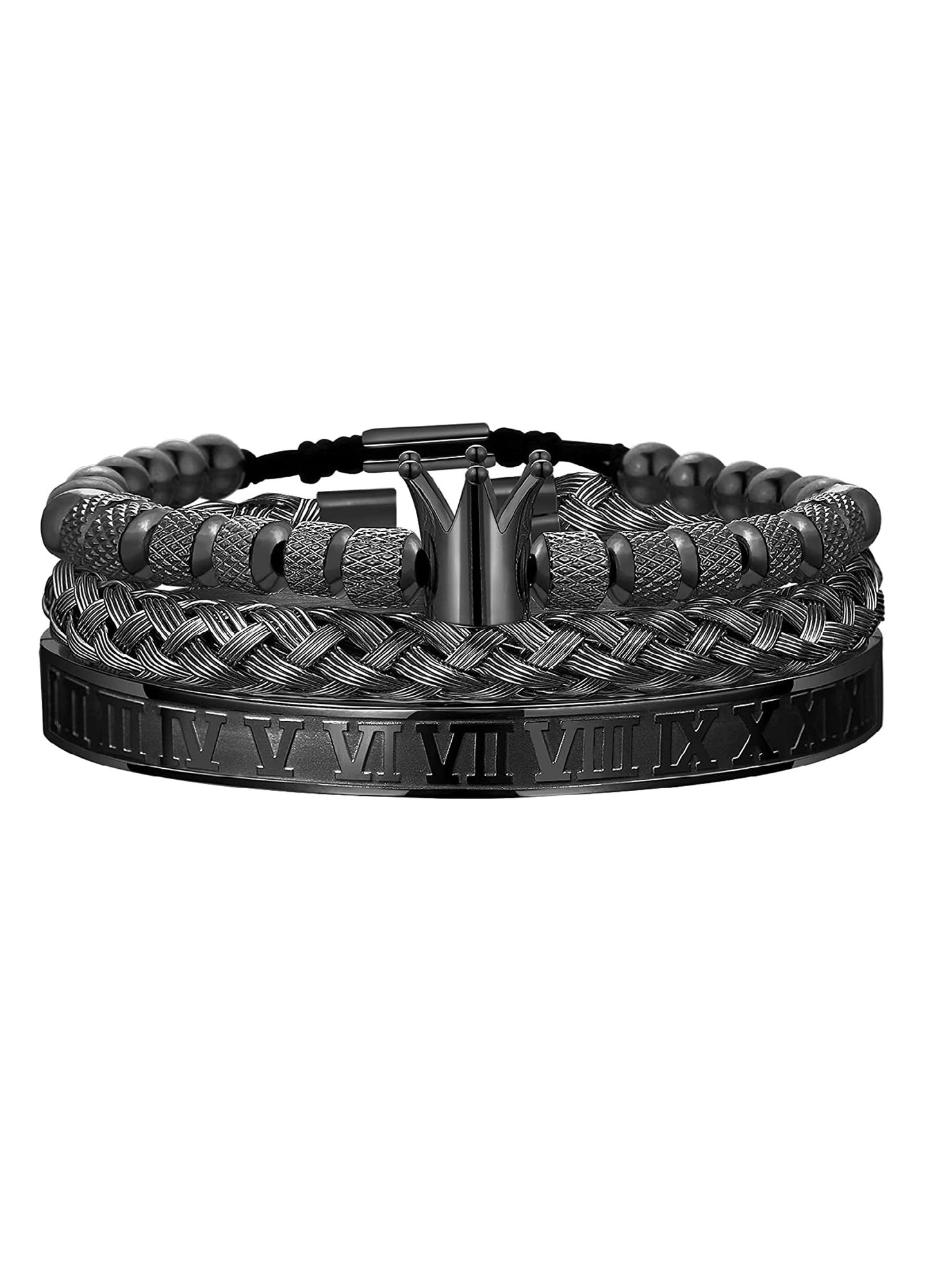 Luxury Mens Stainless Steel Crown Bracelet Set in Black