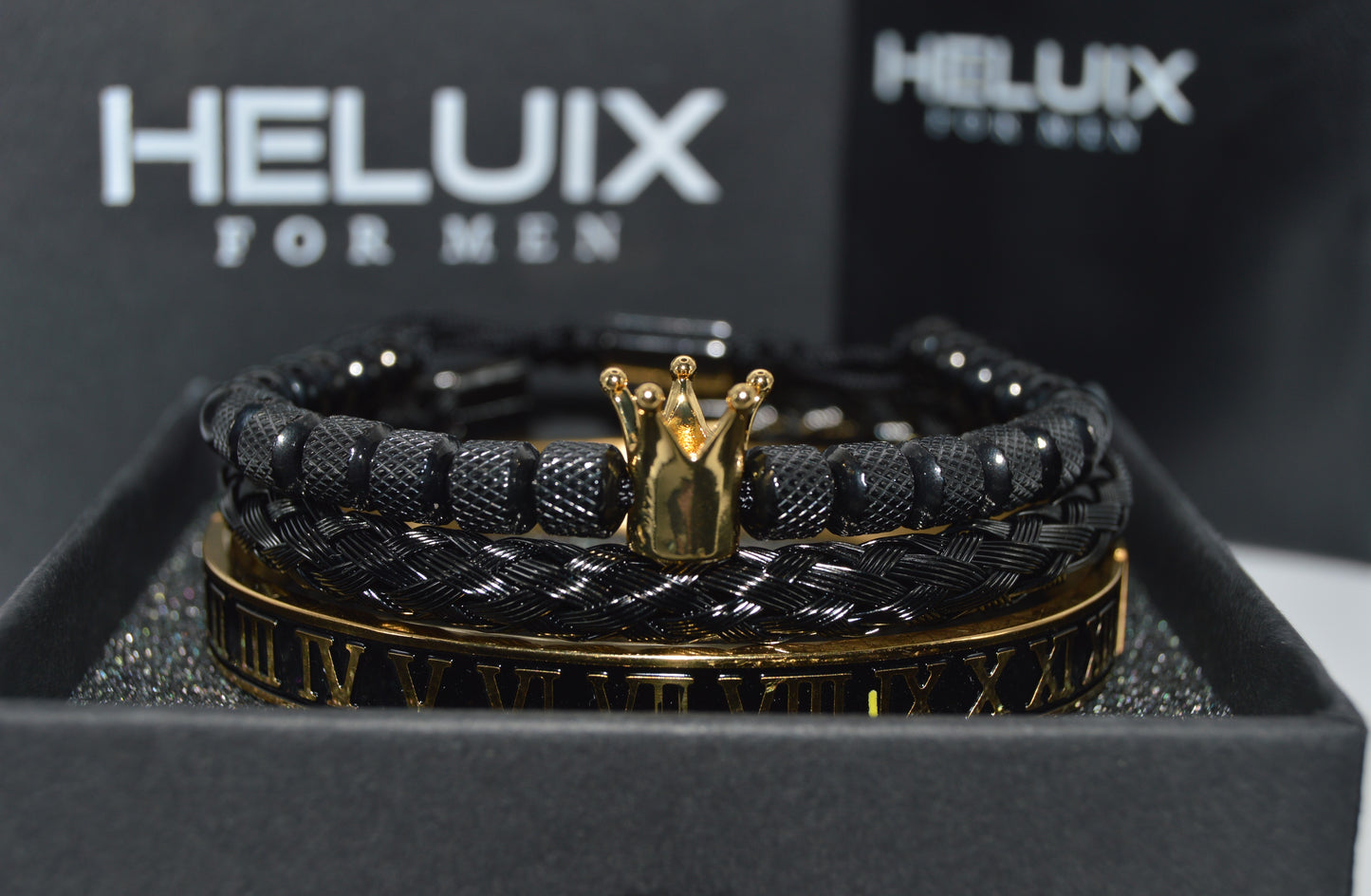 Luxury Mens Stainless Steel Crown Bracelet Set in Black/Gold