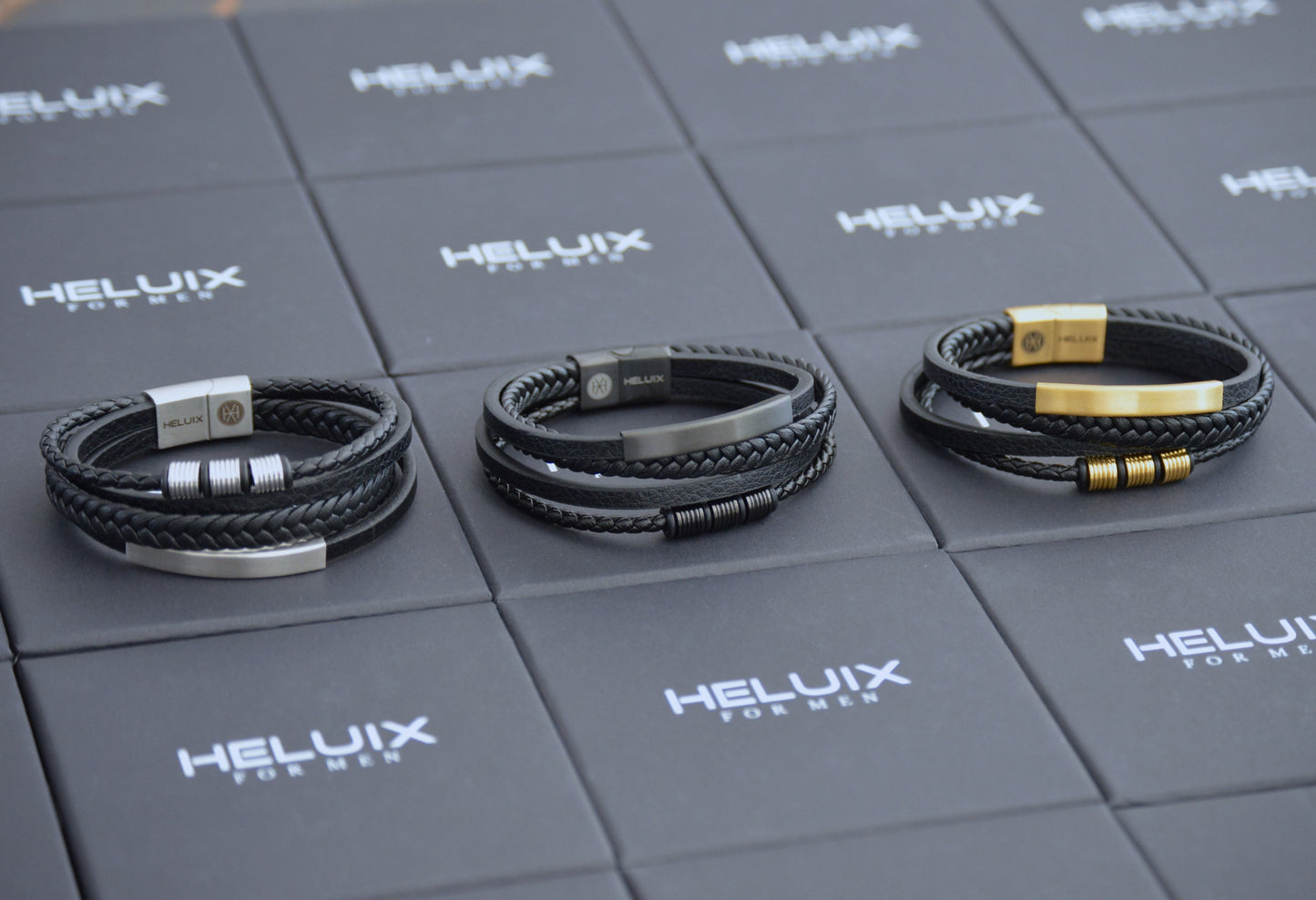 Mens Multi Layer Braided Leather Bracelet in Black