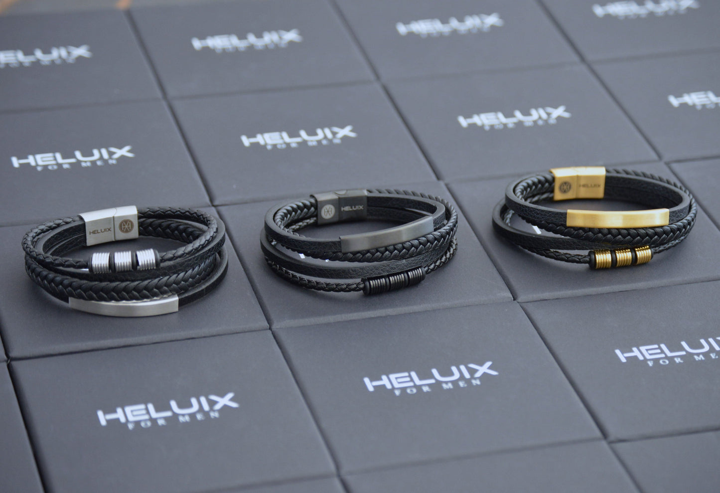 Mens Multi Layer Braided Leather Bracelet in Gold