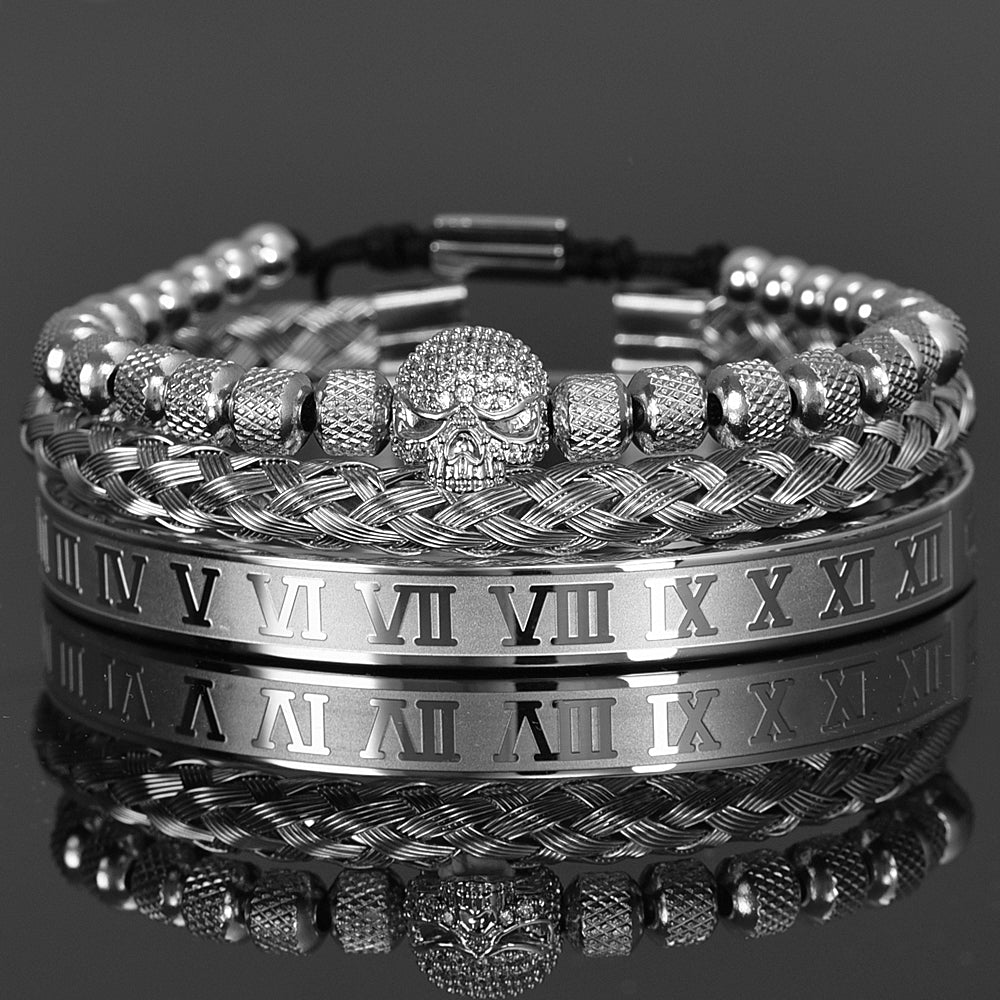Luxury Mens Stainless Steel Skull Bracelet Set in Black