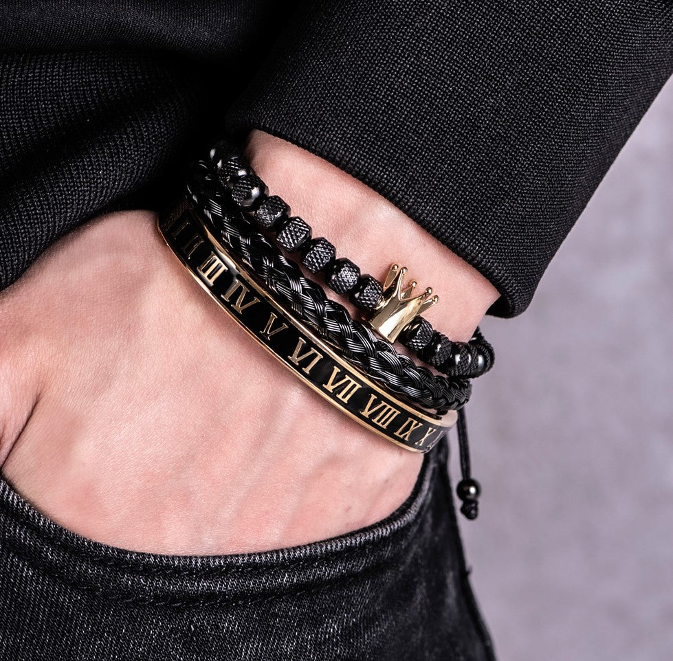 Luxury Mens Stainless Steel Crown Bracelet Set in Black/Gold