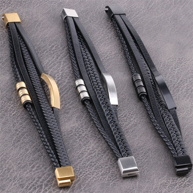 Mens Multi Layer Braided Leather Bracelet in Black