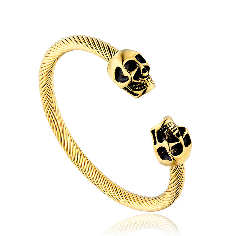 Mens Gothic Skull Twisted Thread Bracelet in Gold