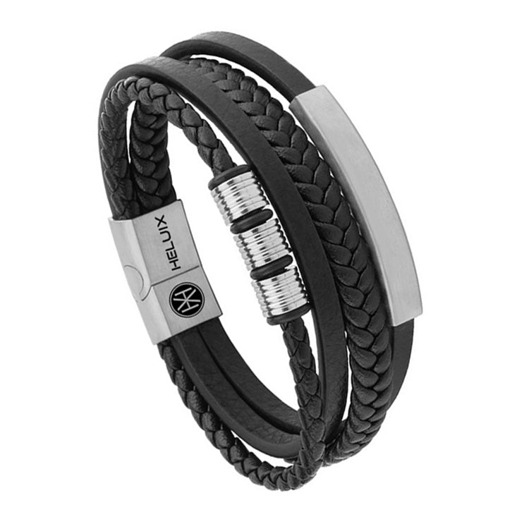 Mens Multi Layer Braided Leather Bracelet in Silver