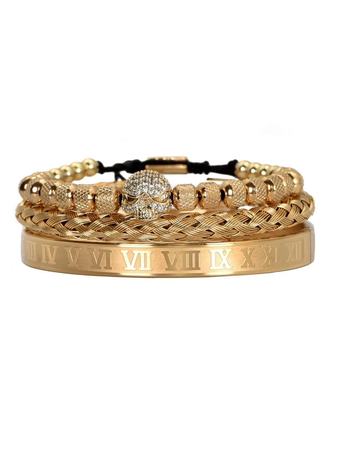 Luxury Mens Stainless Steel Skull Bracelet Set in Gold