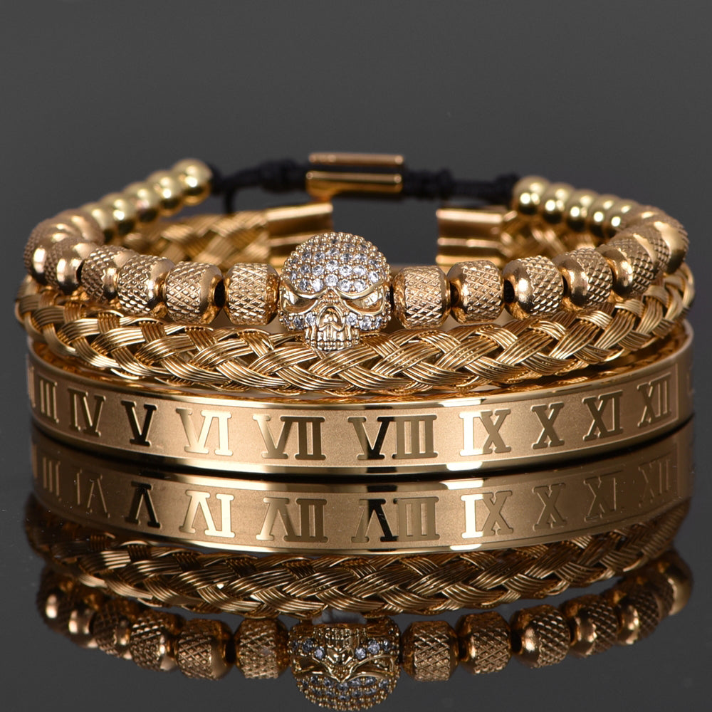 Luxury Mens Stainless Steel Skull Bracelet Set in Gold