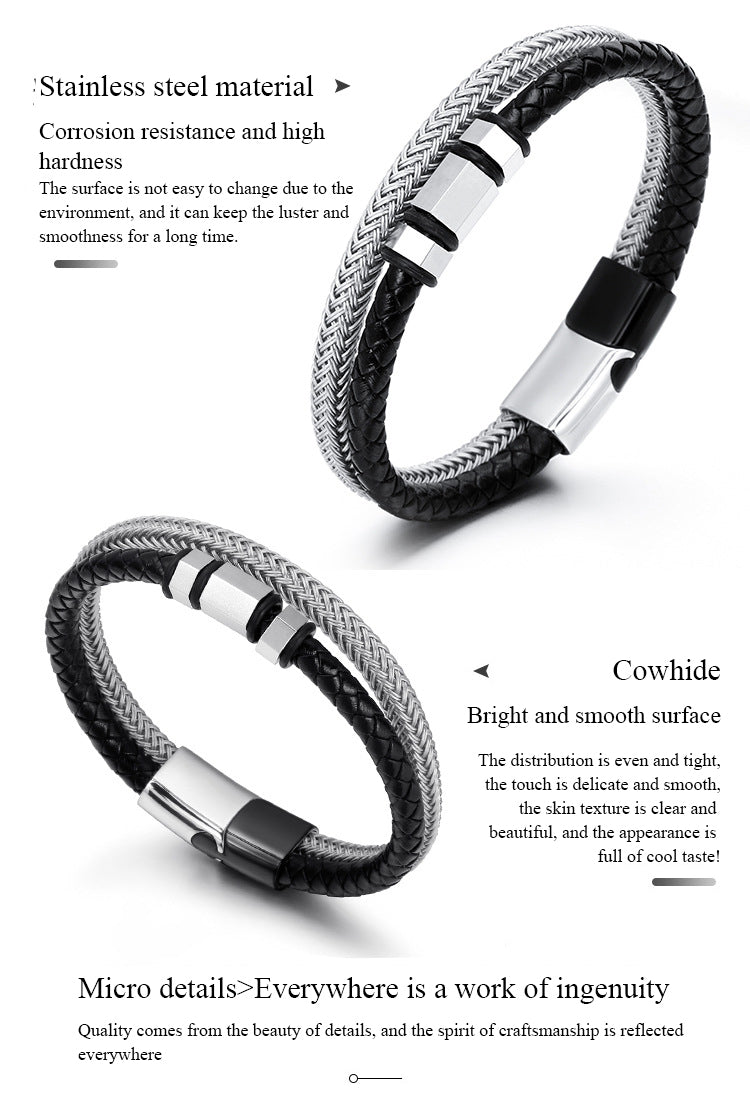 Stainless Steel Wire Braided Leather Bracelet