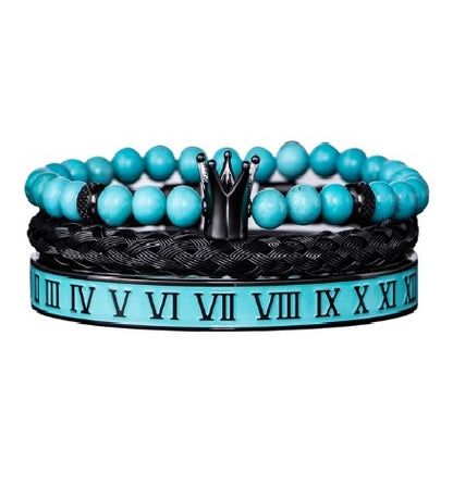 Luxury Mens Stainless Steel Crown Bracelet Set in Turquoise/Black