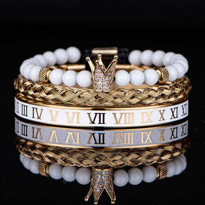 Luxury Mens Stainless Steel Crown Bracelet Set in White/Gold