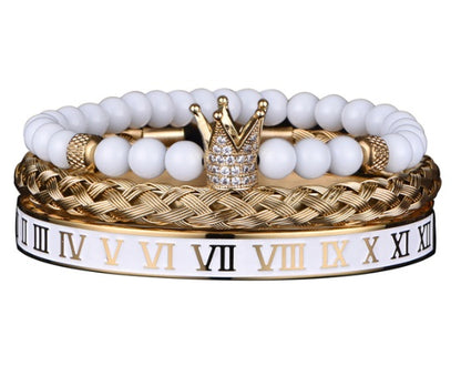 Luxury Mens Stainless Steel Crown Bracelet Set in White/Gold