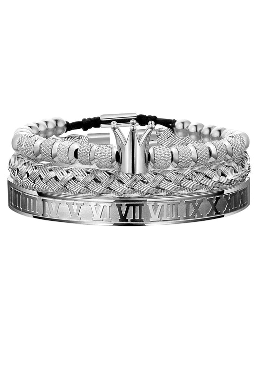 Luxury Mens Stainless Steel Crown Bracelet Set in Silver
