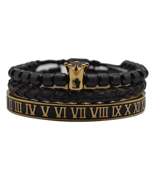 Luxury Mens Stainless Steel Crown Bracelet Set in Black/Gold