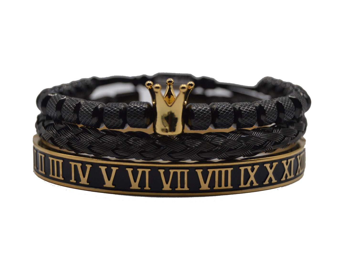 Luxury Mens Stainless Steel Crown Bracelet Set in Black/Gold