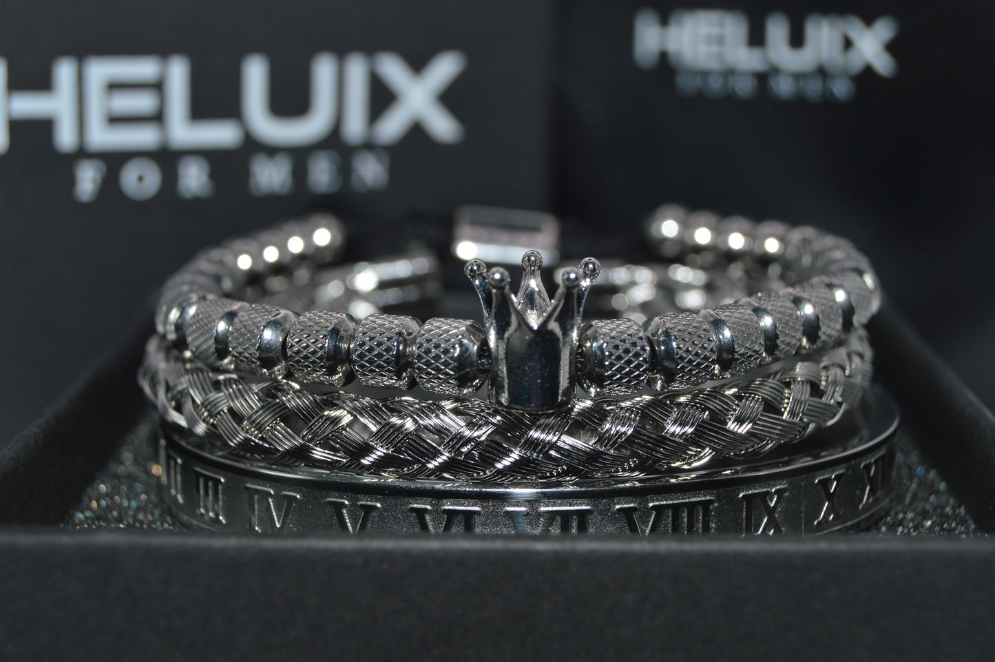 Luxury Mens Stainless Steel Crown Bracelet Set in Silver