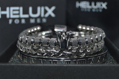 Luxury Mens Stainless Steel Crown Bracelet Set in Silver