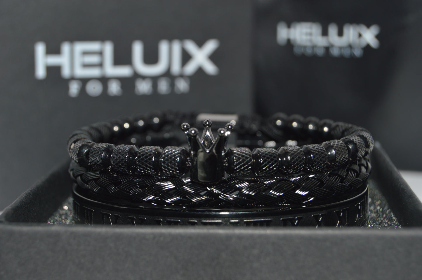 Luxury Mens Stainless Steel Crown Bracelet Set in Black