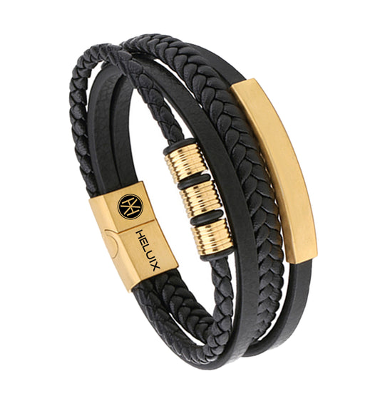 Mens Multi Layer Braided Leather Bracelet in Gold