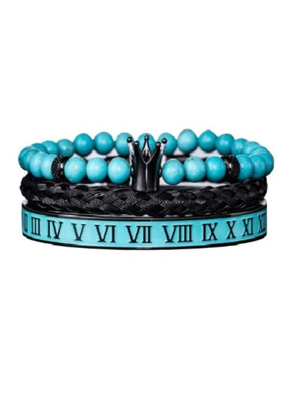 Luxury Mens Stainless Steel Crown Bracelet Set in Turquoise/Black