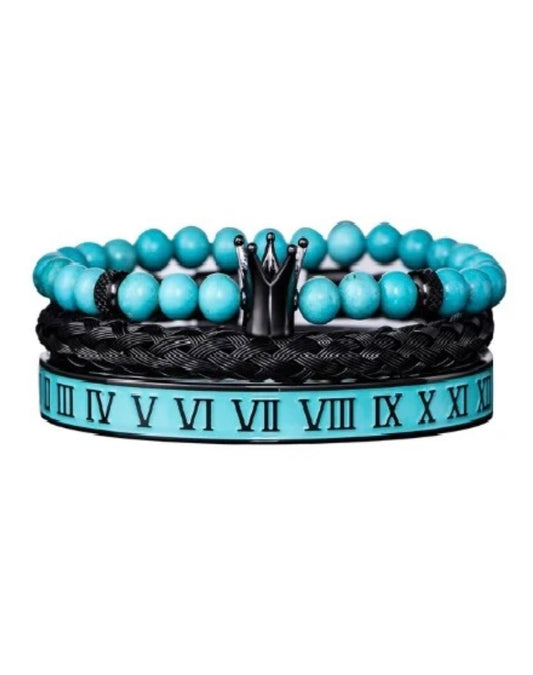 Luxury Mens Stainless Steel Crown Bracelet Set in Turquoise/Black
