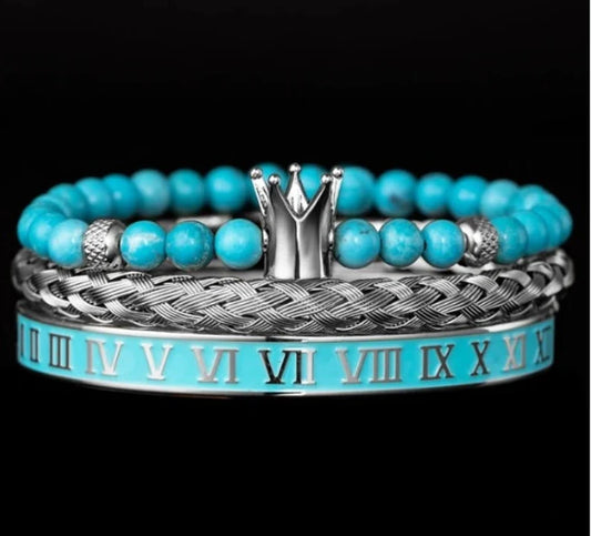 Luxury Mens Stainless Steel Crown Bracelet Set in Turquoise and Silver