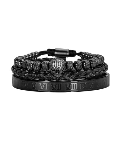 Luxury Mens Stainless Steel Skull Bracelet Set in Black