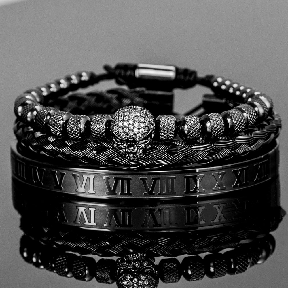 Luxury Mens Stainless Steel Skull Bracelet Set in Black