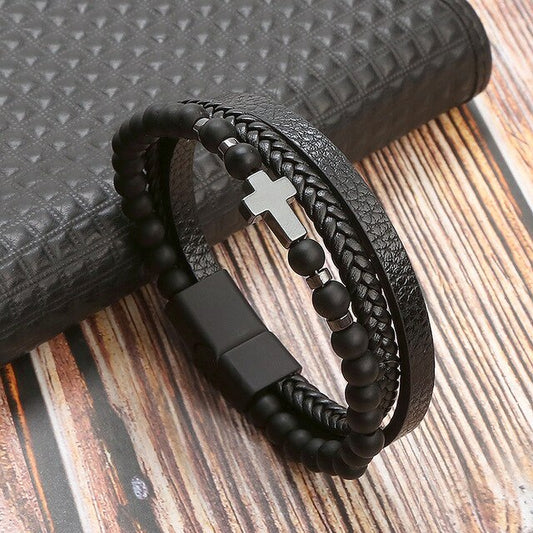 Beaded Cross Leather Bracelet