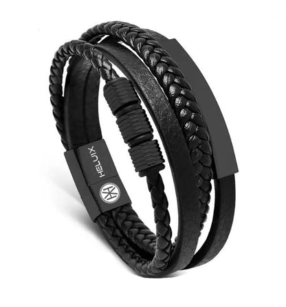 Mens Multi Layer Braided Leather Bracelet in Black