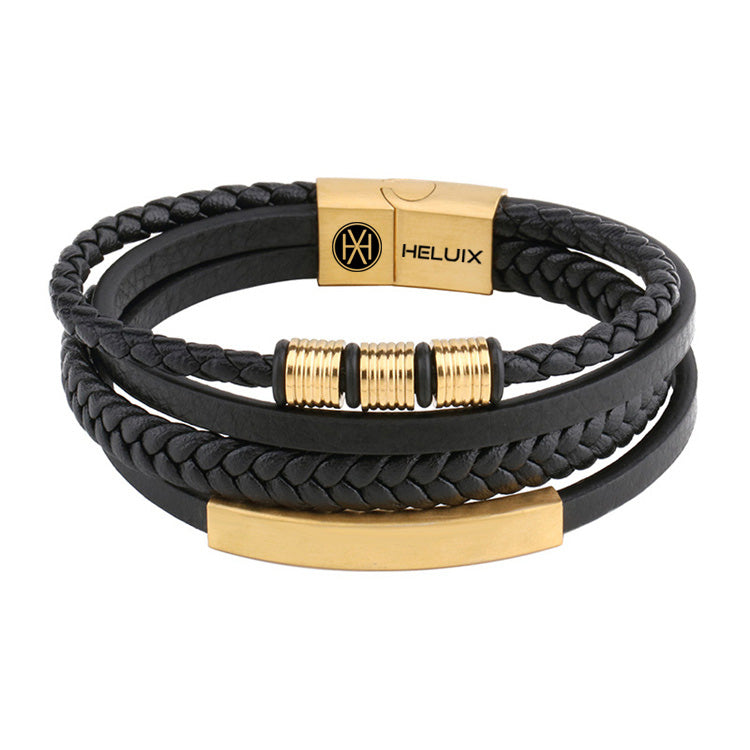 Mens Multi Layer Braided Leather Bracelet in Gold