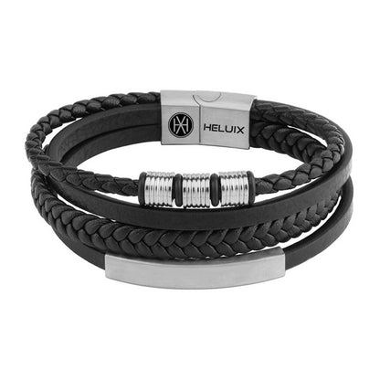 Mens Multi Layer Braided Leather Bracelet in Silver