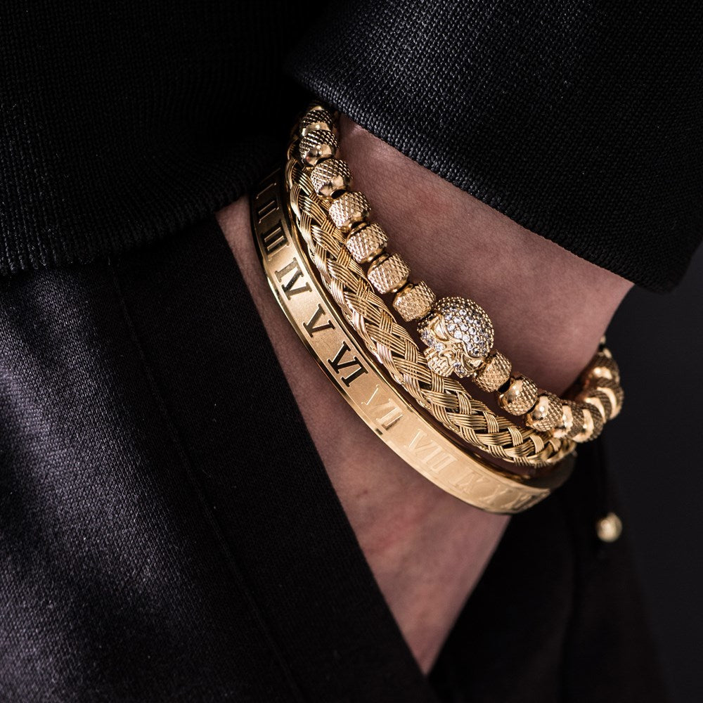 Luxury Mens Stainless Steel Skull Bracelet Set in Black